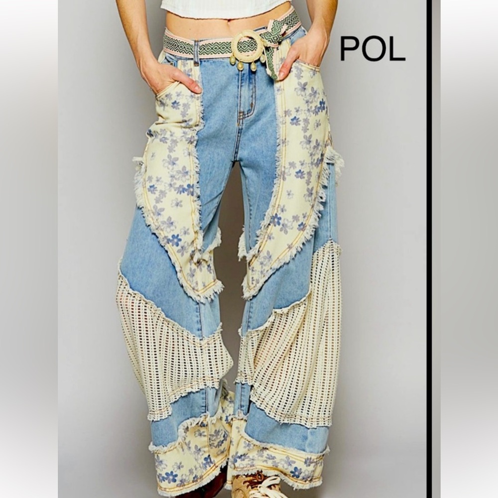 POL Floral Patchwork& crochet  Denim Jeans